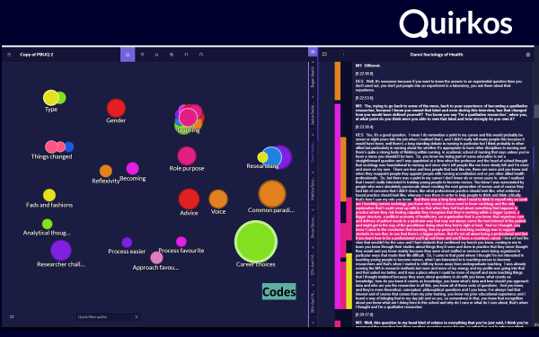An example Quirkos project. An interview transcript with colourful highlighted passages is on the right. To the left is a canvas with code bubbles with colours corresponding to the highlighted text. The code bubbles are labelled with themes, including 'Reflexivity', 'Career choices', 'Voice', and 'Advice'.