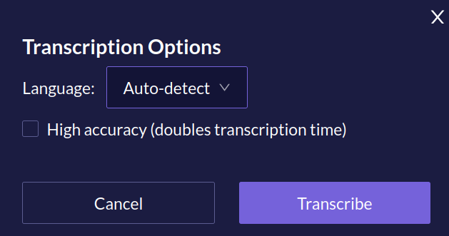 Quirkos Transcribe options menu