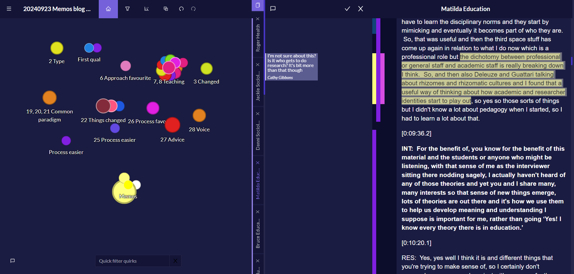 Fig. 5 See where the text has been coded as a Memo A (and any overlapping codes) by looking at the coloured coding stripes