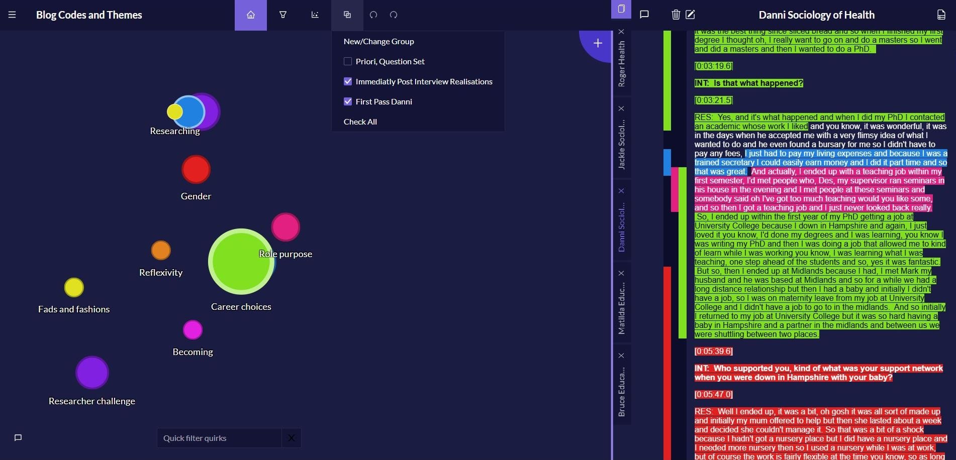 New codes were generated as the process progressed and put in groups; Post Interview Realisations and First Pass. There is a list of different groups in the Groups function in the top bar.