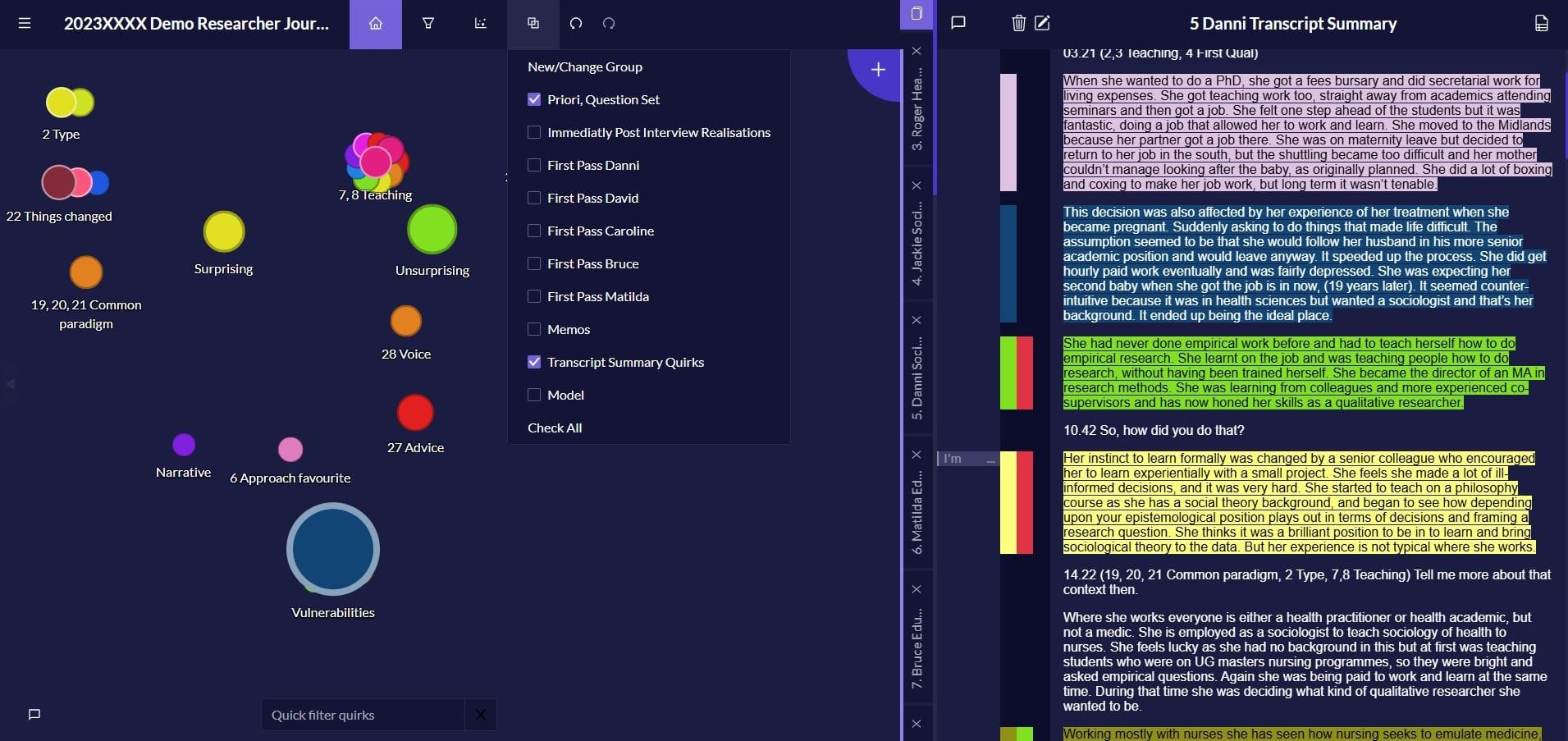 Themes can emerge from codes. Vulnerabilities quirk/code is shown on canvas in blue. On the right section from Danni's Transcript Summary is shown with coding.