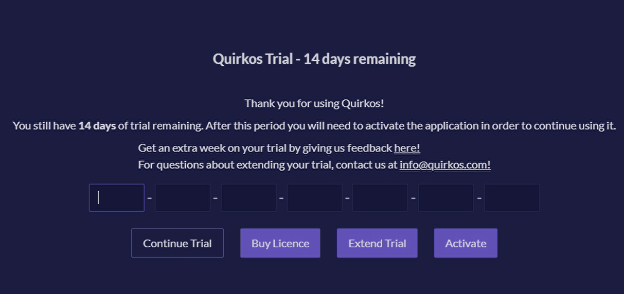 Screenshot of Quirkos trial screen with licence key entry field